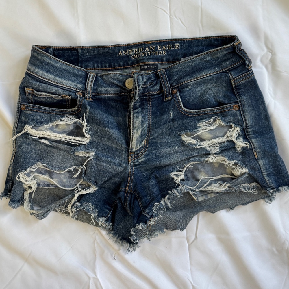 American Eagle Outfitters Women's Ripped Jean Shorts - Dark Blue